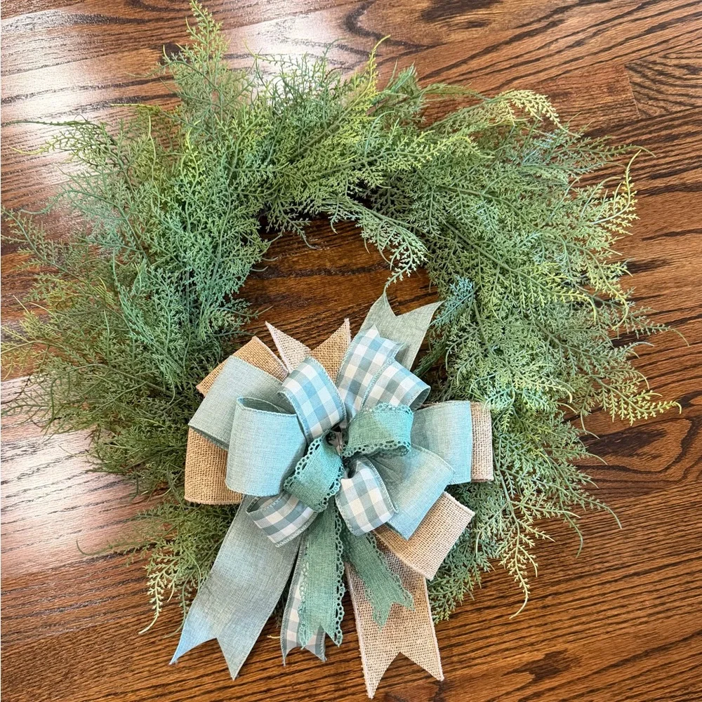 Handmade Green Cedar Holiday Wreath with Blue Burlap Bow